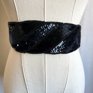 Vintage 80’s Black Sequin Beaded Wide Statement Stretch Belt Evening SM MED